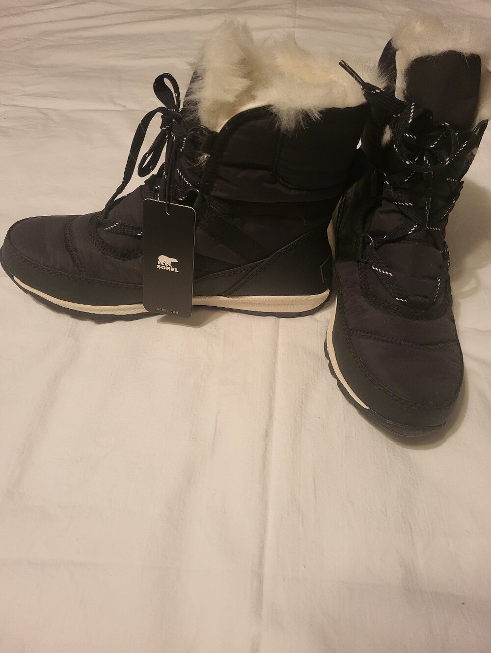 Sorel Women's Black Winter Lace-Up Boots with Ivory Faux Fur Cuff Size 7